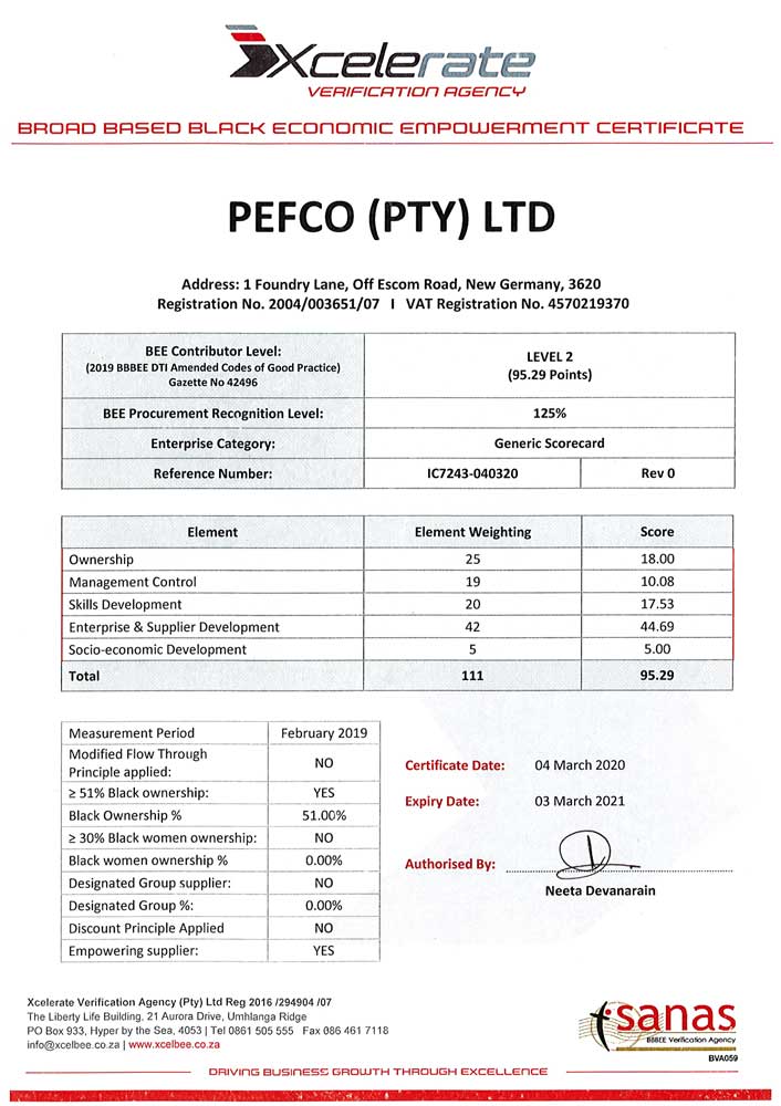 PEFCO BBBEE Certificate 2020